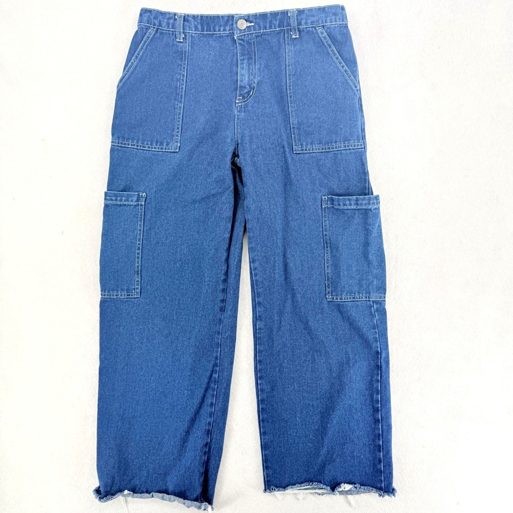 Refuge Denim Cargo Barrel Leg High Rise Raw Hem Grunge Carpenter Jean Size 7‎